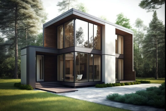 Exterior image of a modern and contemporary house with large windows with a garden. Generative ai illustration
