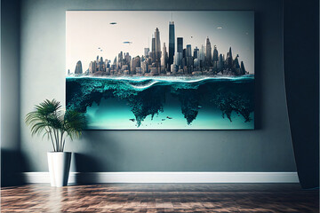 This AI-generated photo depicts a city submerged halfway in the sea, serving as a haunting reminder of the effects of global warming on our planet. The rising sea levels caused by the melting of polar