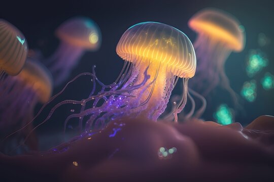 A giant jellyfish illuminates the depths of the ocean with its neon luminescence. AI generation.
