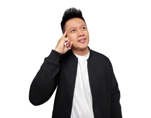 Casual handsome man thinking looking up with hands on head