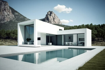 Obraz na płótnie Canvas Wonderful residential villa with minimalist modern architecture, swimming pool and mountain view. Generative AI illustration