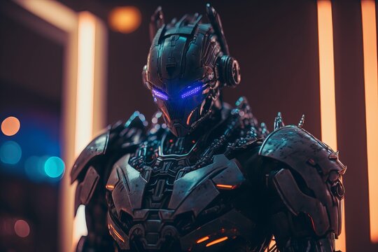A metallic cyborg with neon energy, Robotization and Artificial Intelligence, all in one, AI generation.