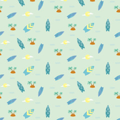 Palm tree, surfboard and sun seamless kids pattern. Vector hand drawn illustration. Creative kids texture for fabric, wrapping, textile, wallpaper, apparel etc.
