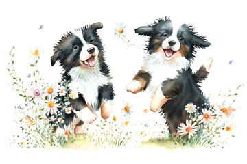 Spring flower dance of two smiling border collie puppies. Digital watercolor cartoon over generative ai.