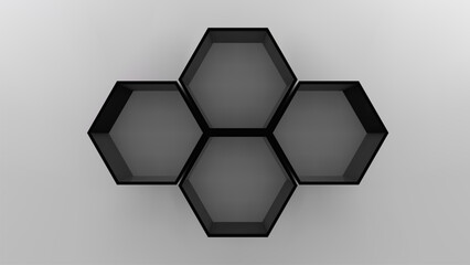 Four black empty hexagon shelves on white wall 3D mockup. Shop, gallery plastic or wooden showcase to present product. Blank retail storage space. Interior design furniture. Living room bookshelf