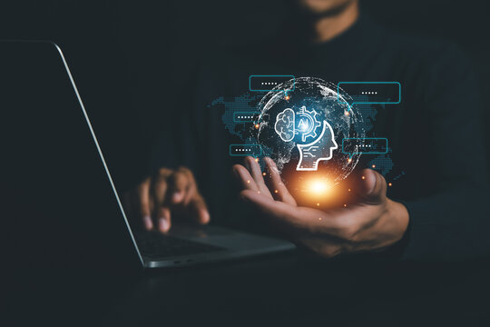 Chatbot Chat with AI, Artificial Intelligence. man using technology smart robot AI , Futuristic technology transformation , robot application, conversation assistant concept. 