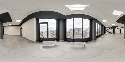 hdri 360 panorama view in near panoramic windows in empty modern hall with columns and doors in seamless spherical equirectangular projection, may use as environment map, ready for AR VR content