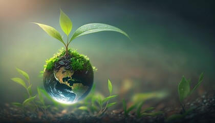 green nature background for earth day with plant seed in the forest growing on the planet and water around it