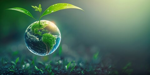 green natural environment background for earth day concept with plant seed in the forest growing on the planet and water around it