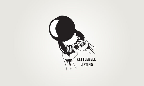 Lifting kettlebell with two hands. Vector monotone image.