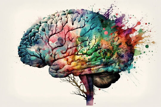 Human brain side view of watercolor splash paint, created with Generative AI