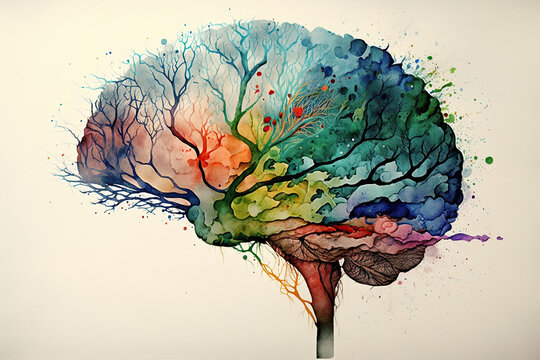 Human brain side view of watercolor splash paint, created with Generative AI