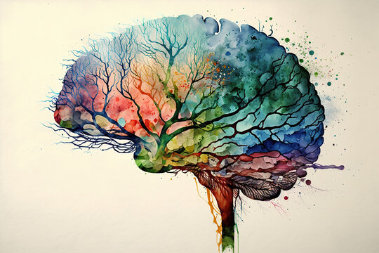 Human brain side view of watercolor splash paint, created with Generative AI