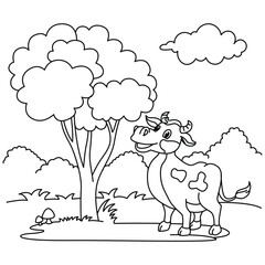 Funny cow cartoon characters vector illustration. For kids coloring book.