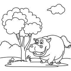 Funny hippo cartoon vector coloring page