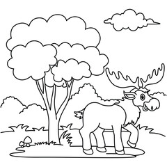 Funny moose cartoon characters vector illustration. For kids coloring book.