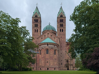 East facade of Speyer Cathedral, Germany. The Imperial Cathedral Basilica of the Assumption and St Stephen was founded in 1030 and consecrated in 1061. This is the largest preserved Romanesque church.