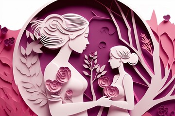 Paper cut of a mother and daughter. Mother's day card. Womans day card createrd with Generative AI technology