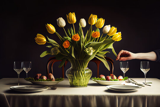A Hands arranging yellow tulips at easter dining table. Generative Ai