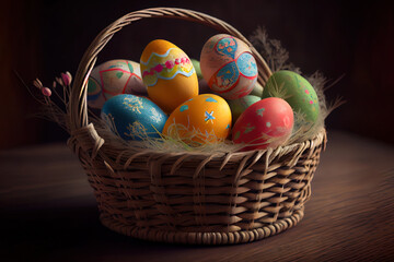 Fototapeta na wymiar Close Up Of Easter Eggs In Basket. Generative Ai