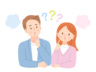 考える、困った表情の若い男女のイラスト素材