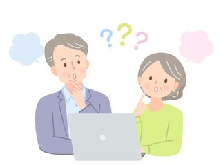 PCを見ながら考える表情のシニア夫婦のイラスト素材