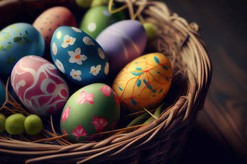 Fototapeta na wymiar Close Up Of Easter Eggs In Basket. Generative Ai