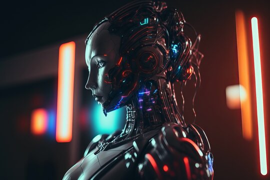 She is a metallic female droide whose circuitry has neon parts. AI generation.