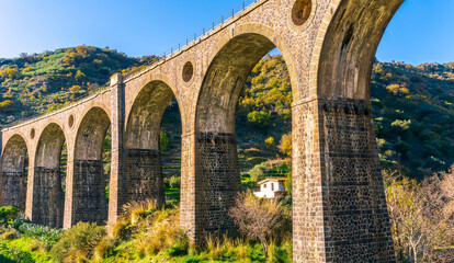 Fototapeta na wymiar nice old vintage bridge with big arcs and columns among nature with green garneds and blue sky , european old concept landscape