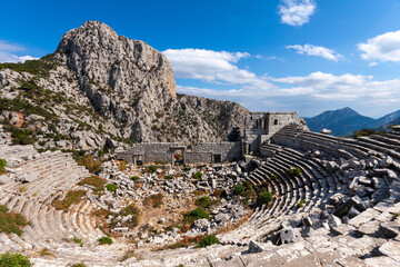 Scenic panorama of ancient amphitheatre in antique city of Termessos is one of the main tourist and...