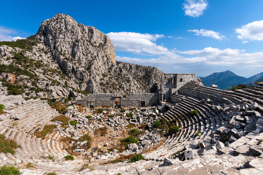 Scenic panorama of ancient amphitheatre in antique city of Termessos is one of the main tourist and archaeological site of Turkey.