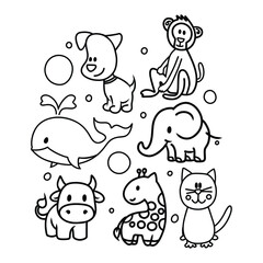 Free vector hands drawn line art set of cute coloring animals 