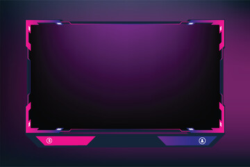 Live streaming button collection with offline screen panels. Streaming overlay design with pink and purple colors. Online gaming panel and broadcast border design. Live gaming screen overlay vector. © Ifti Digital