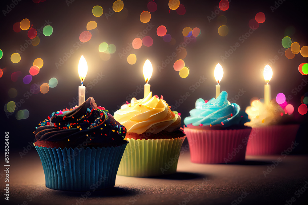 Poster row of colorful cupcake with candles and bokeh lights. generative ai