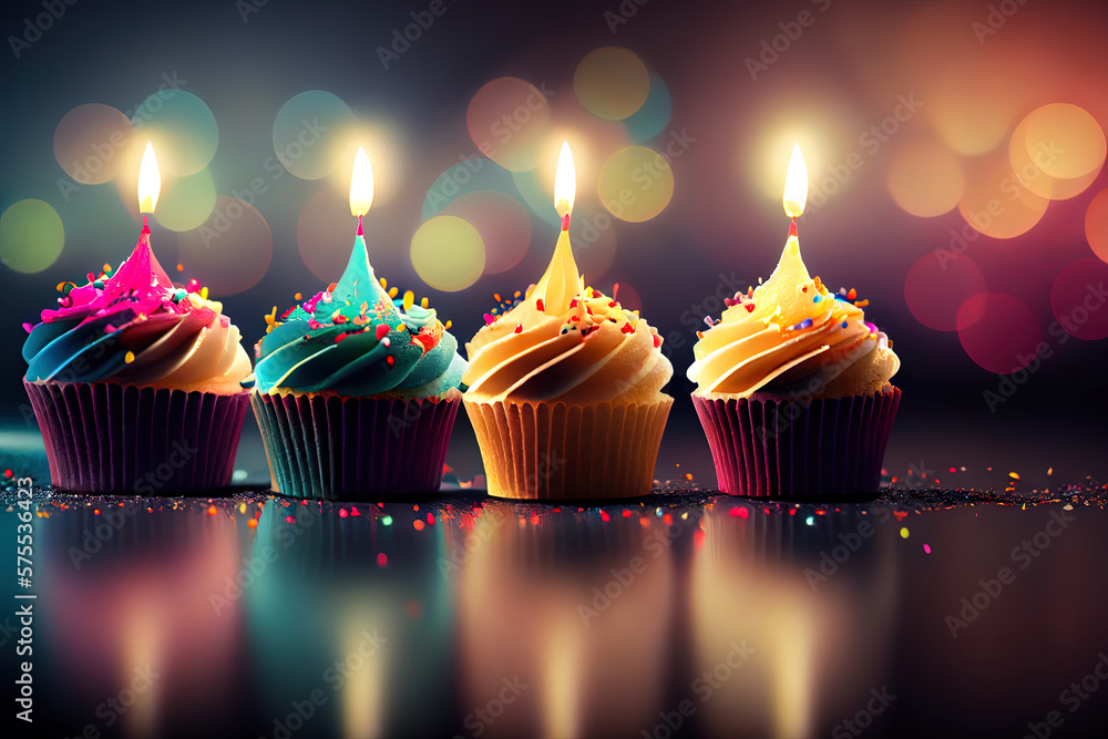 Poster row of colorful cupcake with candles and bokeh lights. generative ai