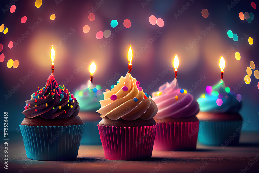 Aufkleber row of colorful cupcake with candles and bokeh lights. generative ai
