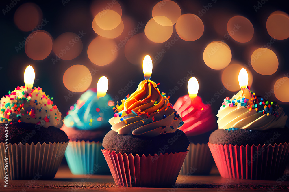 Poster row of colorful cupcake with candles and bokeh lights. generative ai