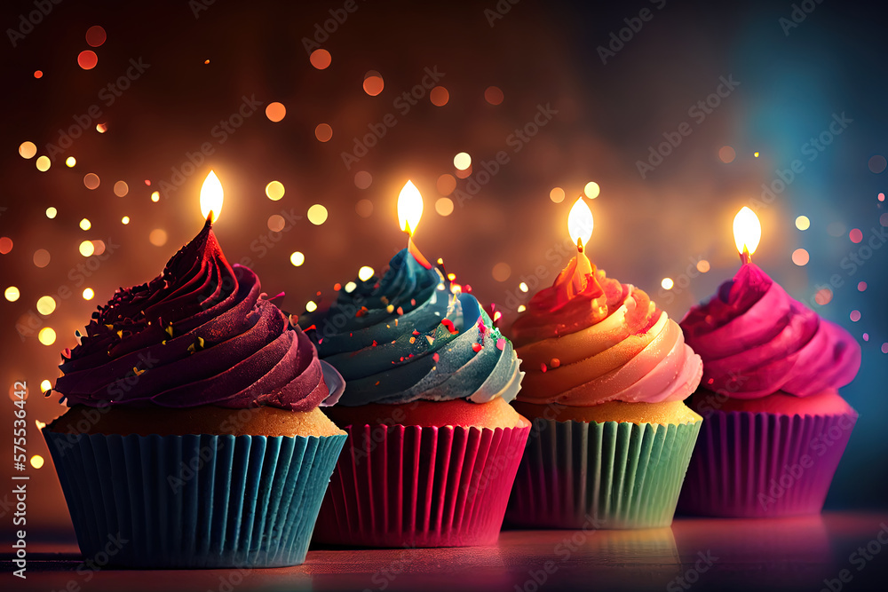Poster row of colorful cupcake with candles and bokeh lights. generative ai
