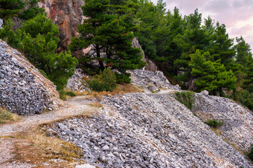 Part of an abandoned Penteli marble quarry in Attika, Greece. Penteli is a mountain, 18 km north of Athens.