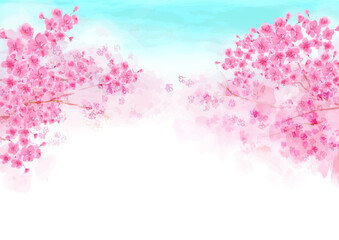 桜の並木道　手描き水彩風背景イラスト