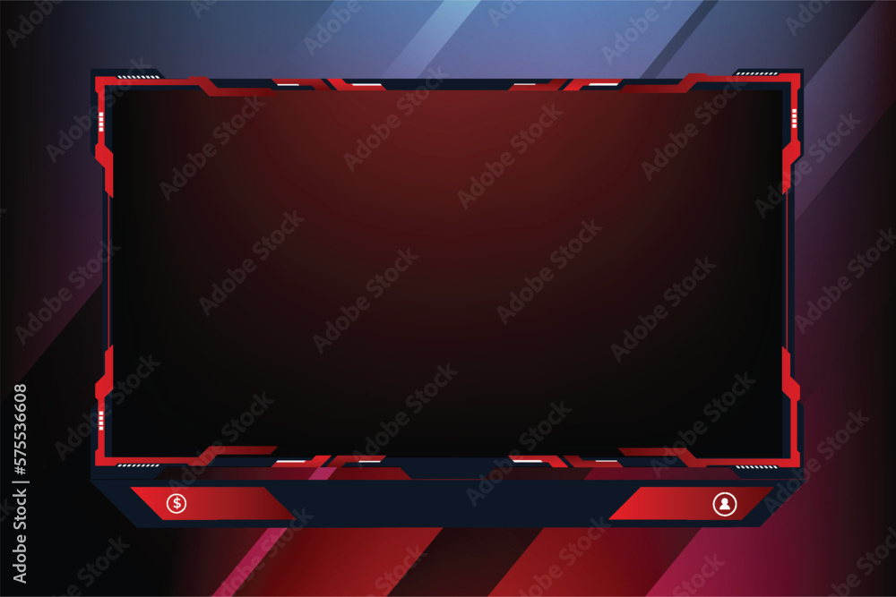 Poster broadcast gaming screen interface. live streaming overlay and screen panel vector design with red co