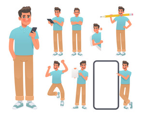 Set of man character in various poses and actions. Happy guy uses the phone and tablet, takes notes, jumps, dissatisfied