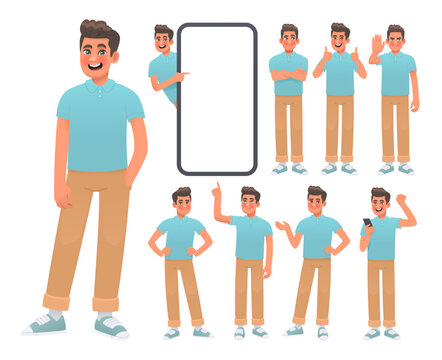 Set of male character in various poses and actions. Happy guy gesticulates, poses, points to a huge smartphone