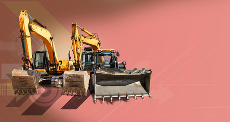 Two crawler excavators and bulldozer loader close-up on industrial background.Construction...