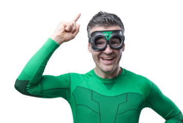 Happy superhero pointing up