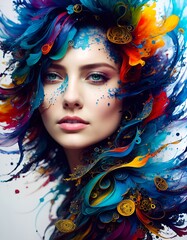 Colorful beautiful woman, watercolor art with ink flow, beautiful color splash paint background concept. generative AI