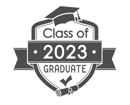 Class of 2023. The graduate's emblem with a cap and a scroll. Vector illustration for diploma, certificate, thematic and creative design