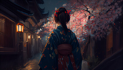 Fototapeta na wymiar Beautiful back view of a woman wearing a kimono