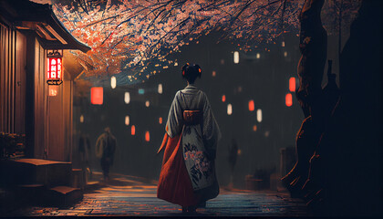 Fototapeta premium Beautiful back view of a woman wearing a kimono