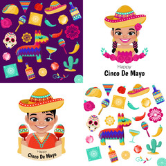 Cinco de Mayo in May 5 federal holiday in Mexico with boy girl in mexican outfits banner and Mexican elements background vector